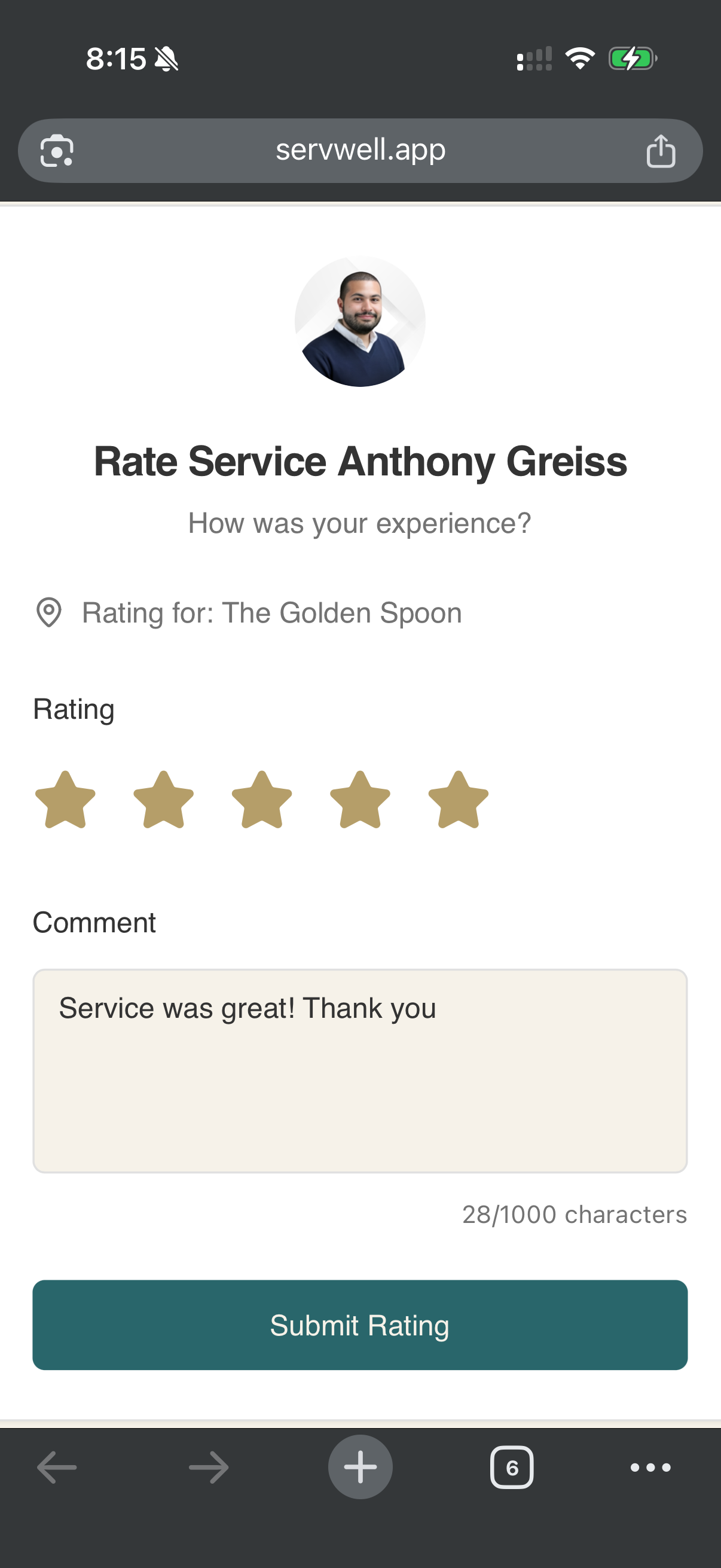 ServeWell rating screen