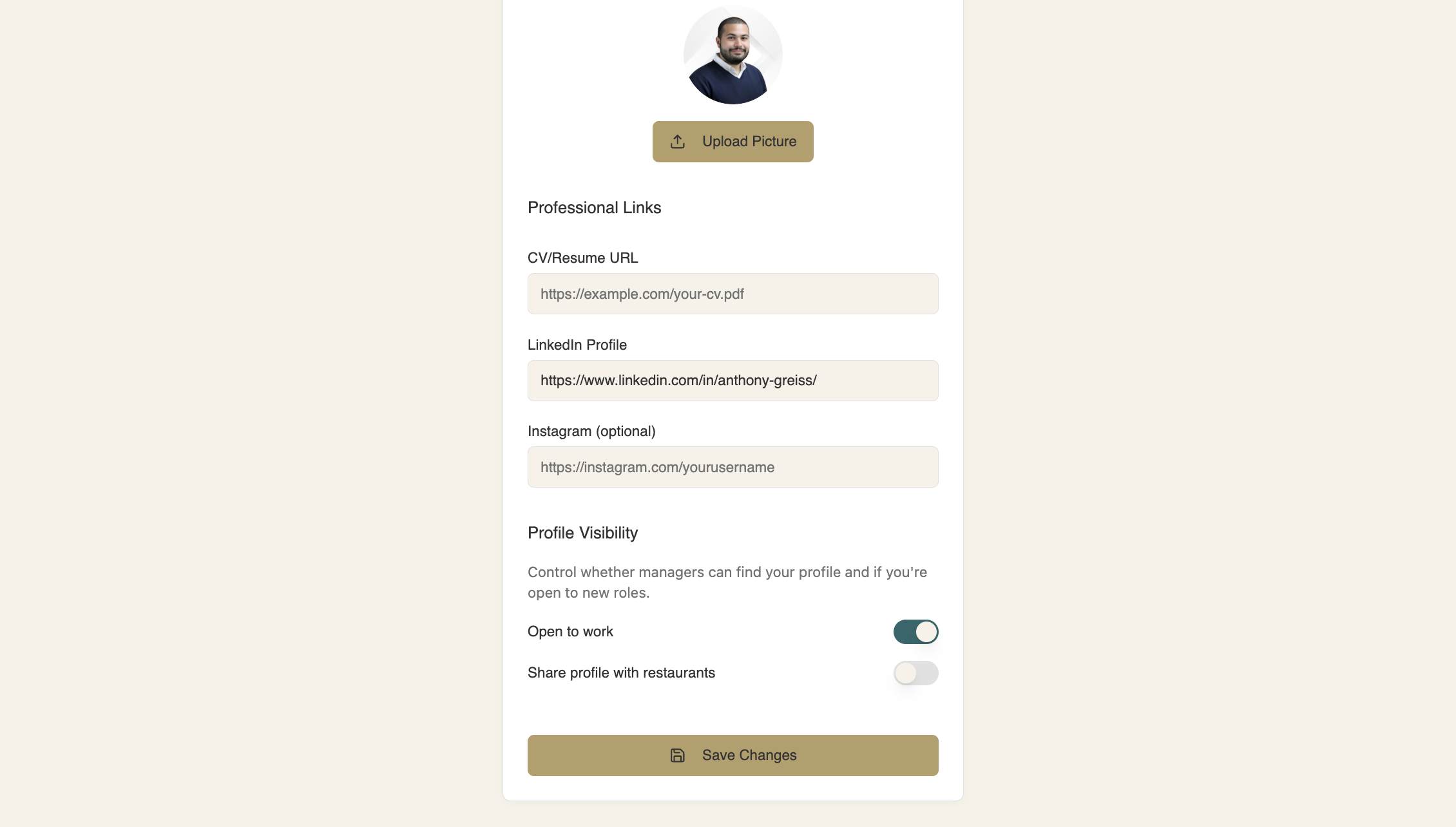 ServeWell waiter profile screen 3